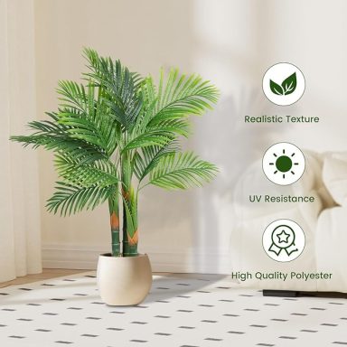 Artificial Golden Cane Palm Tree 15Leaves Faux Triple Tropical Palm Plants with Pot for Gift Home Office Decor Green (Set of 2)