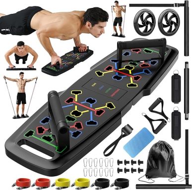 Push Up Board,Home Gym,Portable Exercise Equipment,Pilates Bar & 20 Fitness Accessories with Resistance Bands & Ab Roller Wheel,Full Body Wo